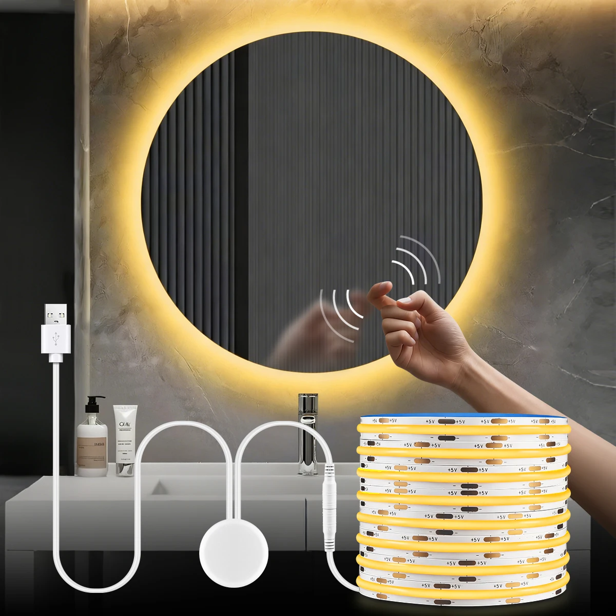 Doppel-tap Aktiviert Vibration Sensor LED Spiegel Licht USB 5V COB LED Streifen Für Schminktisch Eitelkeit Make-Up spiegel Zurück Lampen