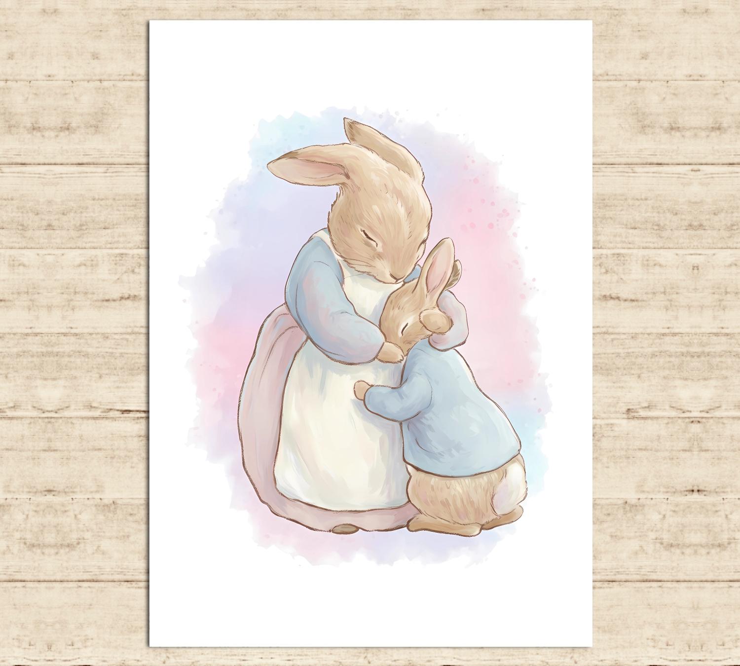 Poster di Peter Rabbit, personaggio di Beatrix Potter, Peter Rabbit e la mamma, stampa ad acquerello, decorazione da parete per bambini, stampabile, s