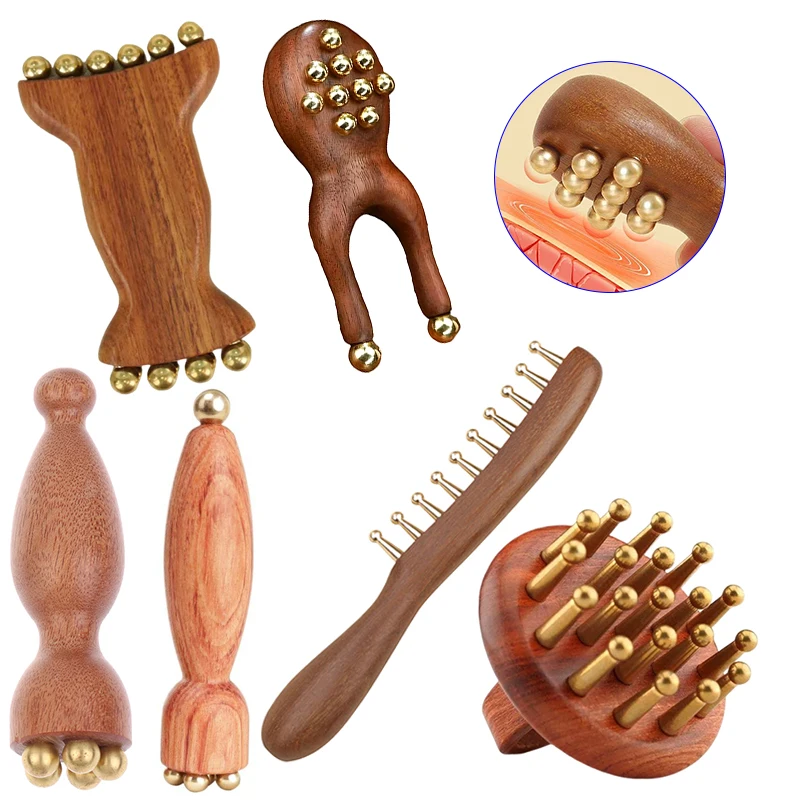 1Pcs Meridiane Massage Kamm Kupfer Sandelholz Meridiane Feinen Zahn Kamm Nadelung Guasha Kopfhaut Massage Pinsel Entspannen Körper Massager Image