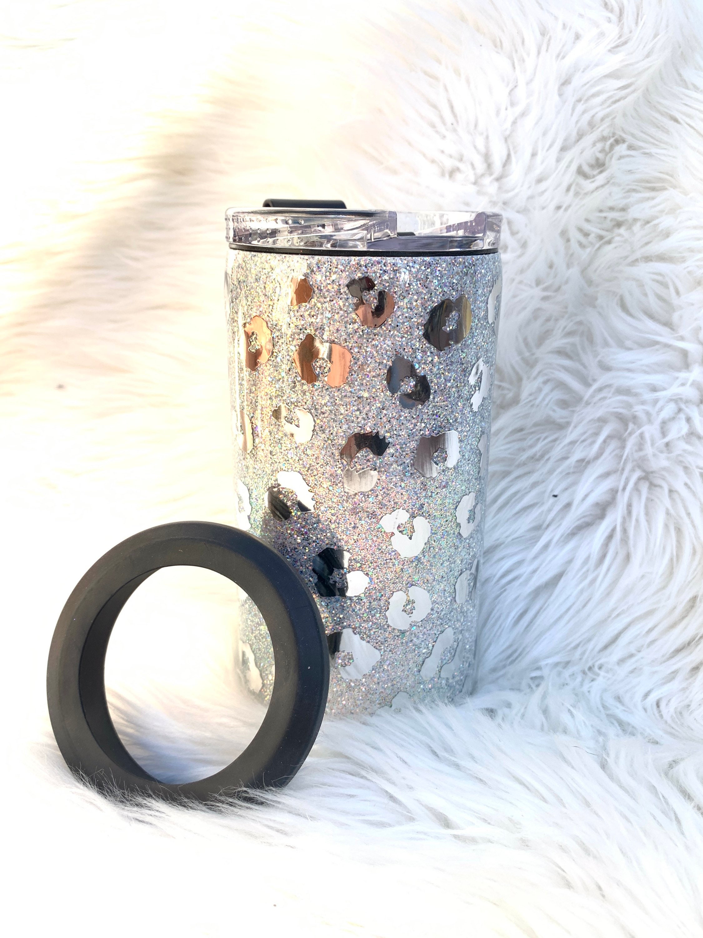 Bicchiere 4 in 1 con glitter leopardati: acciaio inossidabile argento e bianco Coozie