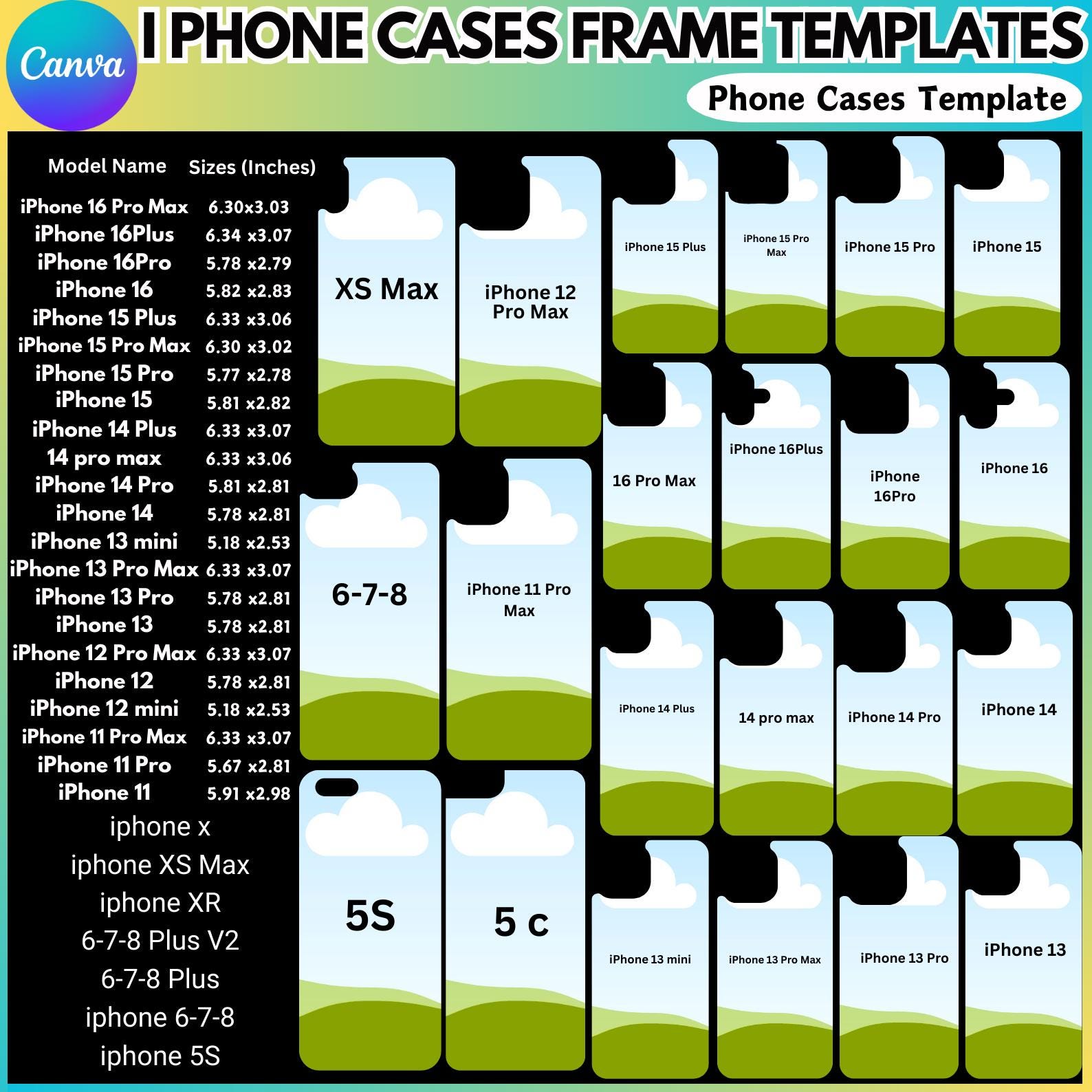Pacchetto di modelli Canva per custodie iPhone, 19 modelli per custodie smartphone, design per sublimazione iPhone 16, iPhone modificabile con Canva,