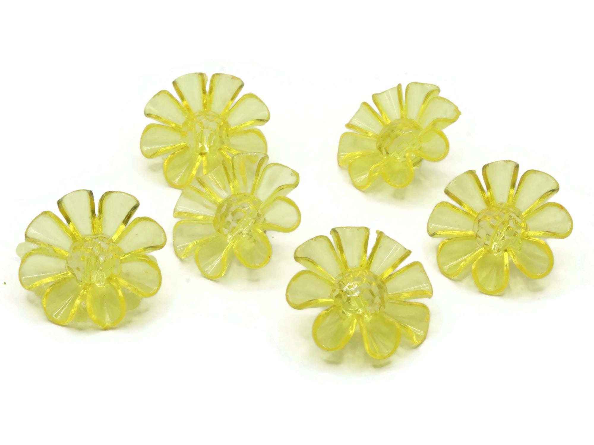 6 bottoni a forma di fiore giallo da 30 mm, bottoni piatti sfaccettati con gambo in plastica floreale, per la creazione di gioielli, perline, per cuci