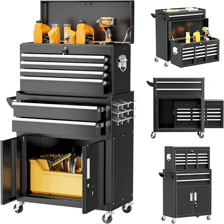 Superday Metal Tool Chest 8 Drawer Rolling Tool Chest with Wheels Detachable Tool Storage Cabinet with Lock for Garage Steel Tool Cart with Liner & Hooks for Workshop Warehouse (Black)