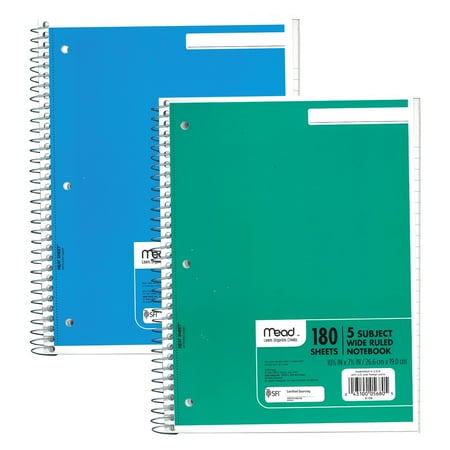 Mead Spiral Notebook 5 Subject Wide Ruled Paper 180 Sheets 10-1/2 x 8 Assorted Colors Pack of 2