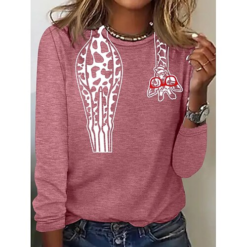 Damen T Shirt Druck Grafik Tiermotiv Giraffe Vintage Mode Stilvoll Kurzarm Langarm Rundhalsausschnitt Rundhals Normale Oberteile Täglich Wochenende Schwarz Weiß Rosa Grün Khaki Sommer Frühling Herbst Image