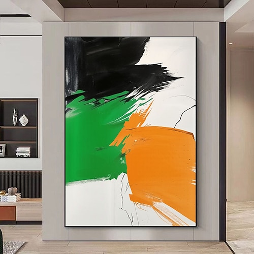 Großes, handgefertigtes Ölgemälde in Schwarz, Weiß, Grün und Orange – abstrakte Wandmalerei, Bestseller, moderne abstrakte Leinwandkunst, großes Ölgemälde in Orange Image