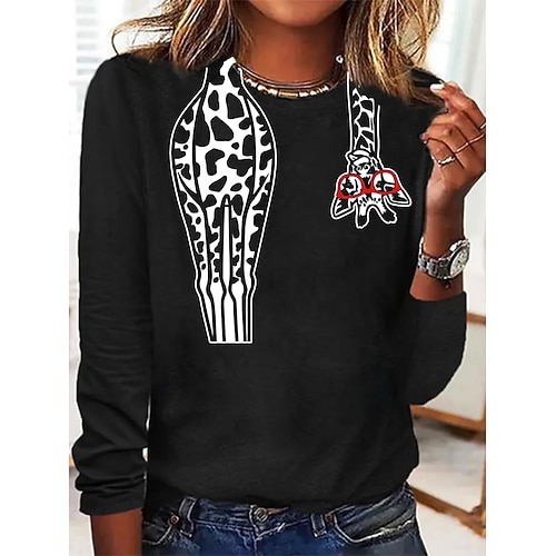 Damen T Shirt Druck Grafik Tiermotiv Giraffe Vintage Mode Stilvoll Kurzarm Langarm Rundhalsausschnitt Rundhals Normale Oberteile Täglich Wochenende Schwarz Weiß Rosa Grün Khaki Sommer Frühling Herbst Image