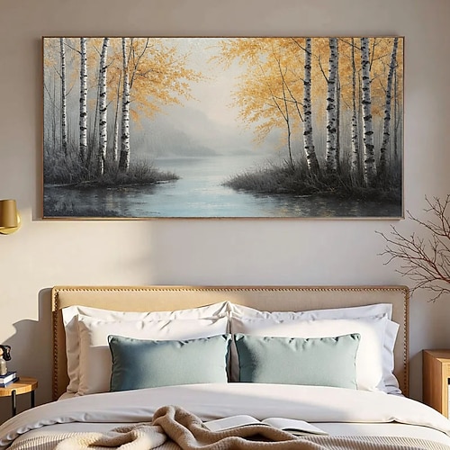 Birken, Herbstwald, Fluss, Vintage-Malerei, Leinwandbild, Wandkunst, Bauernhausdekor, Naturbild, Wandbehang, Kunstgemälde Image