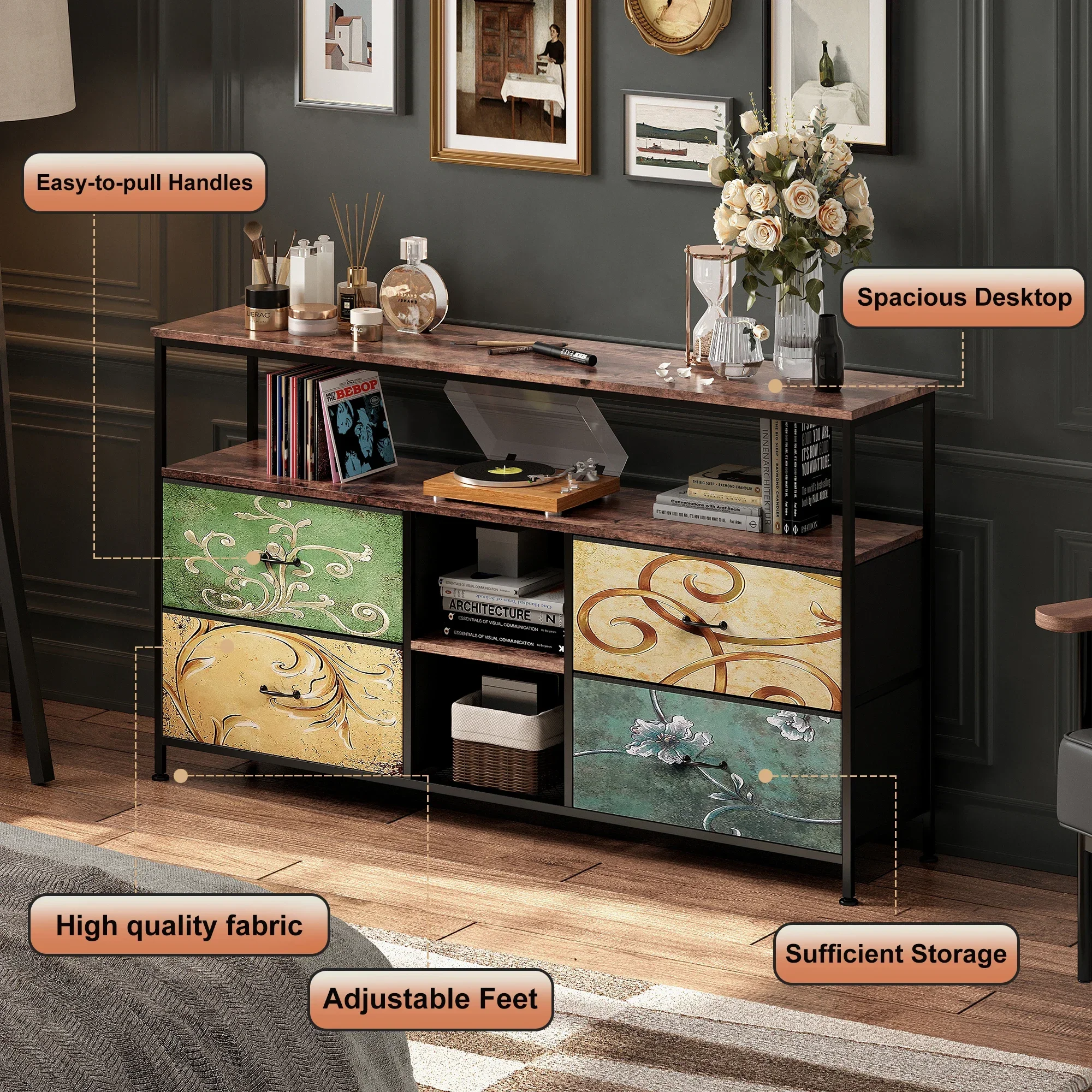 Rosahqnda Meuble TV avec 4 tiroirs, meuble TV, étagères réglables, table TV, meuble TV meuble de salon