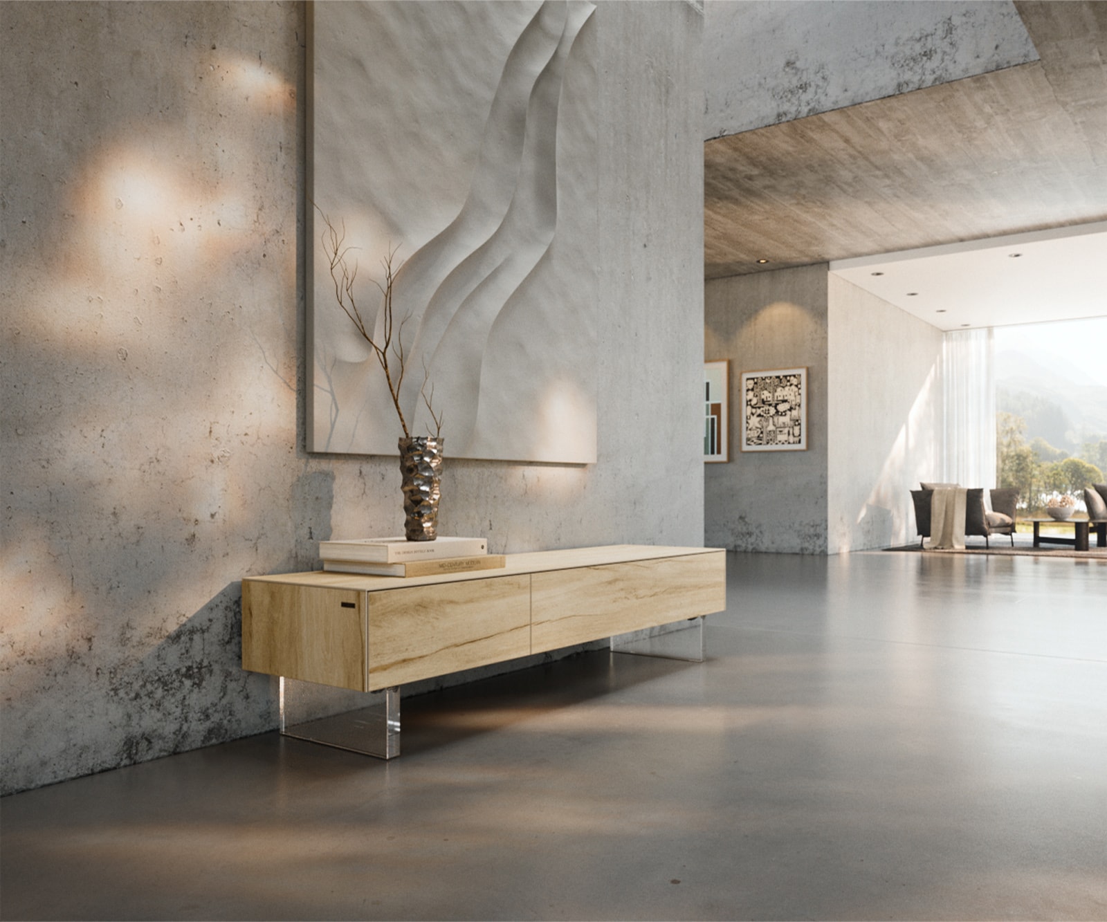 DELIFE Lowboard Cuor 150 cm Keramik Laminam® Sabbia Eichefarbig 1 Klappe 1 Schubfach Fuß Schwebeoptik Acrylglas, Lowboards Image