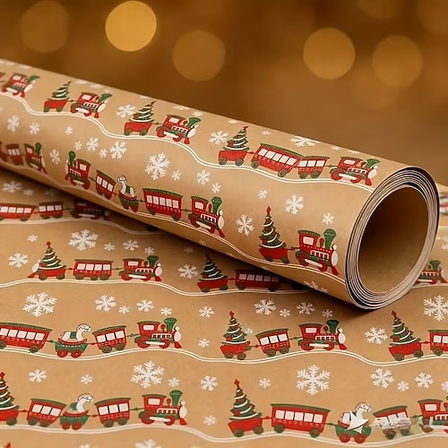 Weihnachtsgeschenkpapierrolle mit Zugmotiv, Vintage-Geschenkpapier, rustikales Kraftpapier für Weihnachtspäckchen, Partydekoration, Bastelarbeiten, Geschenkverpackung, Festtagsbedarf Image