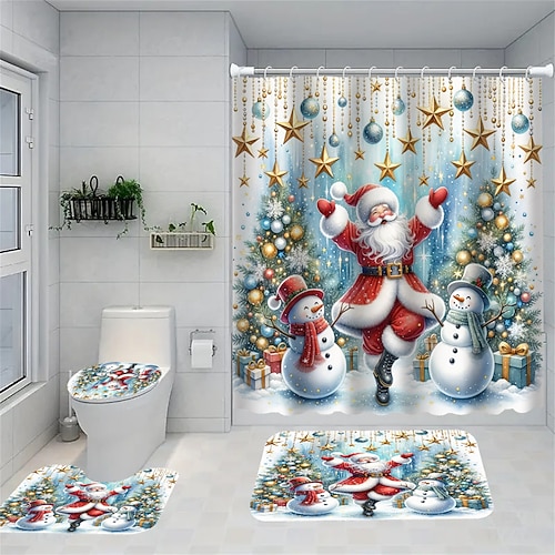 Vierteiliges Duschvorhang-Set inklusive rutschfestem, stabilem WC-Sitz und Badematte – Weihnachtsmann- und Weihnachtsbaummuster, wasserdichtes Polyestermaterial mit 12 Haken für die Badewanne Image