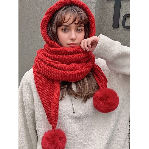 Damen-Weihnachtsstrickschal mit Kapuze – kuschelig gefüttert, mit Bommel-Detail, in verschiedenen Farben erhältlich, perfekt als Weihnachtsgeschenk und für Outdoor-Aktivitäten Image