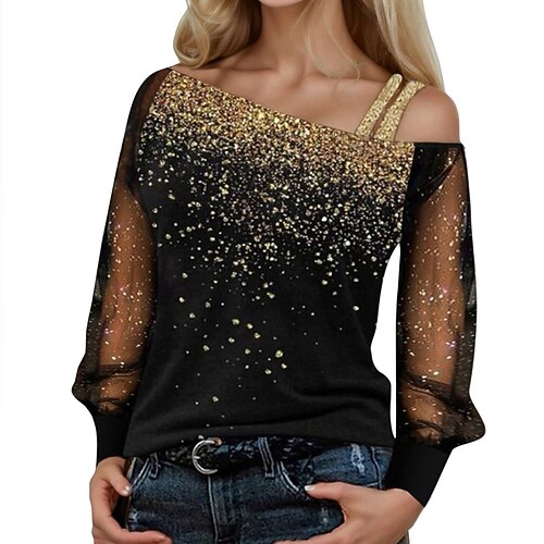 Damen Bluse Glitzer Ombre Vintage Stilvoll Langarm Asymmetrisch Normale Oberteile Täglich Ferien Ausgehen Blau Silber Wein Gold Sommer Herbst Image