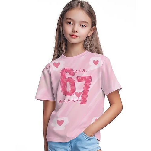 Mädchen 3D Grafik Lustiger Slang 67 T-Shirt Kurzarm 3D-Druck Sommer Frühling Sport Mode Streetwear Kinder 4-12 Jahre Rundhalsausschnitt Outdoor Lässig Täglich Normale Passform Image