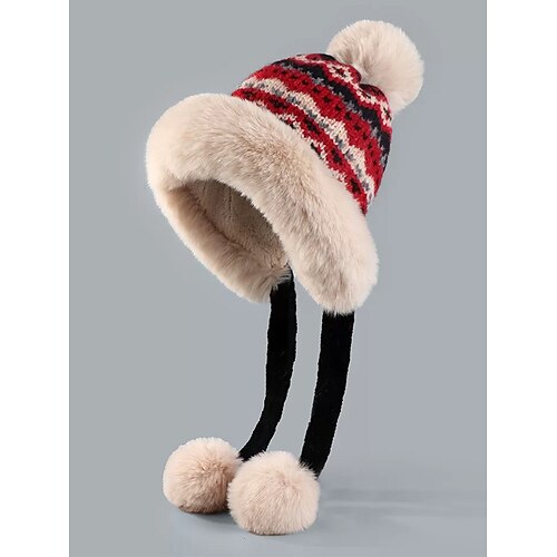 Damenmütze aus Acryl mit Fair-Isle-Muster – weich, kuschelig, mit Bommeln, perfekt für Weihnachten und Wintermode Image