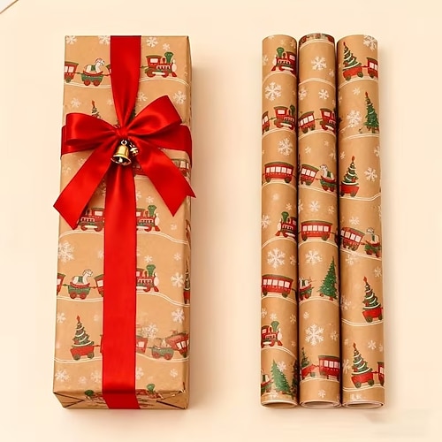 Weihnachtsgeschenkpapierrolle mit Zugmotiv, Vintage-Geschenkpapier, rustikales Kraftpapier für Weihnachtspäckchen, Partydekoration, Bastelarbeiten, Geschenkverpackung, Festtagsbedarf Image