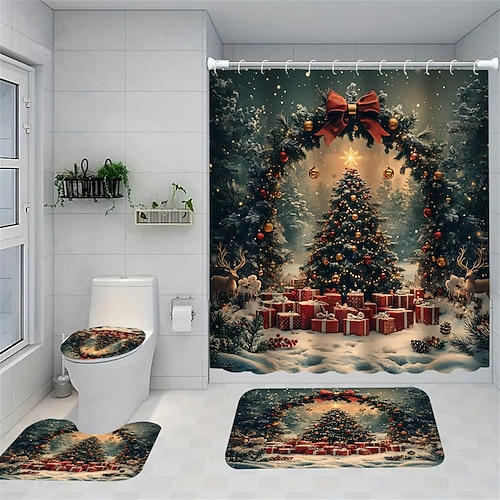 Vierteiliges Duschvorhang-Set inklusive rutschfestem, stabilem WC-Sitz und Badematte – wasserdichtes Polyestermaterial mit Weihnachtsbaum-Motiv und 12 Haken zur Badezimmerdekoration Image