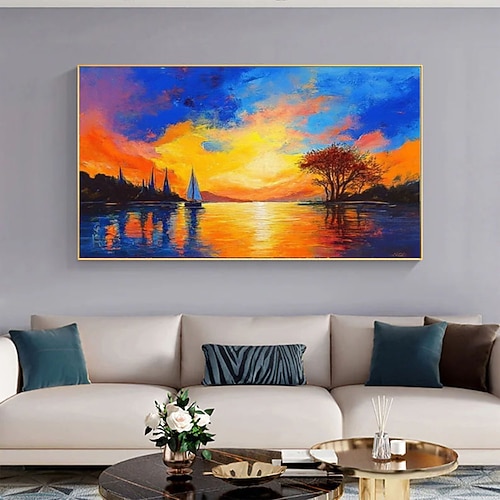 Handgemaltes Original-Ölgemälde auf Leinwand, großes handgemaltes Gemälde, Wandkunst, abstraktes Segelbootbild, Sonnenuntergangslandschaft, minimalistische Wohnzimmerdekoration Image