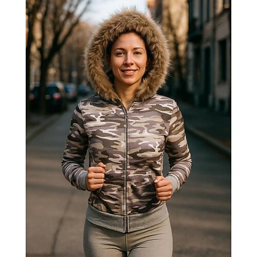Damen Jacke mit Pelzkapuze Zip Up Sweatshirt Mit Taschen Langarm Oberteil Athleisure Herbst Tarnung Leicht Wandern Urlaub Laufen Sportbekleidung Sportkleidung Grau Image