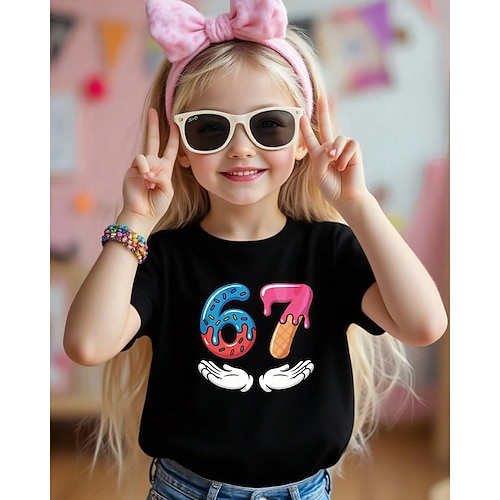 Baumwolle Kinder Mädchen Schwarz Weiß Grafik Lustiger Slang 67 T-Shirt Rundhalsausschnitt Kurzarm Urlaub Sport Outdoor Alltagskleidung Aktiv Designer Lässig Drucken Sommer Image