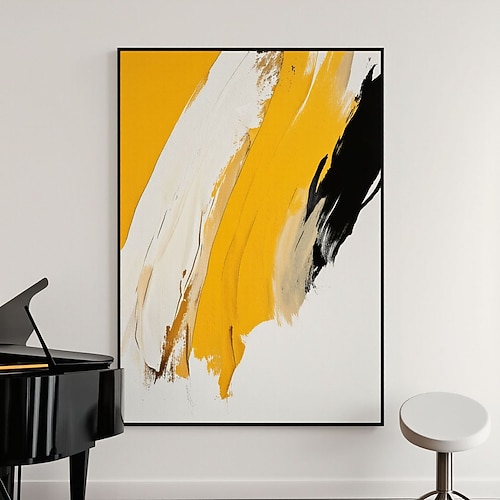 Großes, handgemaltes abstraktes Leinwandbild in Gelb, Weiß und Schwarz, handgefertigtes Acryl-Ölgemälde für moderne Wohnzimmerdekoration, zeitgenössisches Wandbild, Wandkunstbild Image