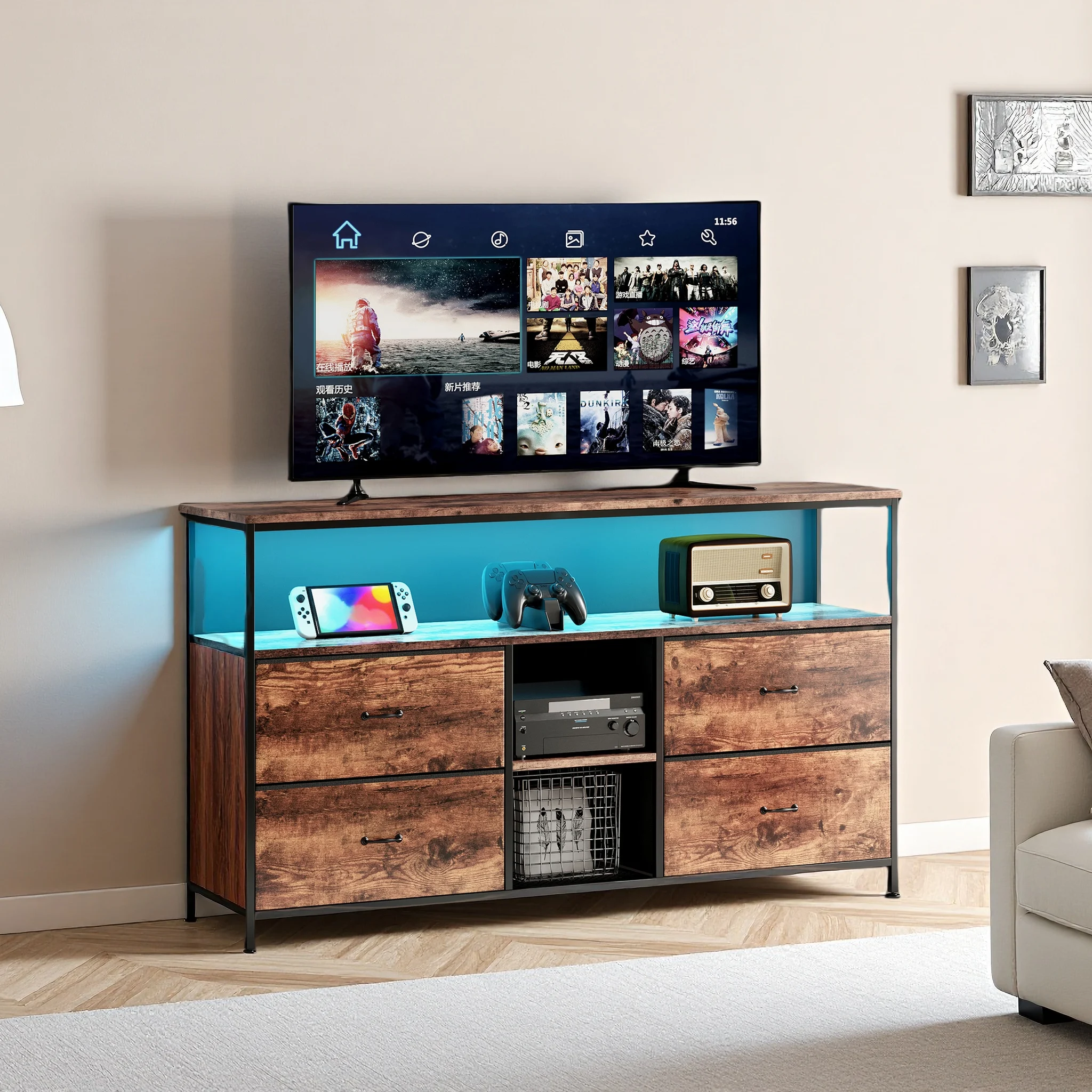 ROSAHQNDA Meuble TV, meuble de rangement avec éclairage LED, commodes et buffets, meuble de style rétro pour salon