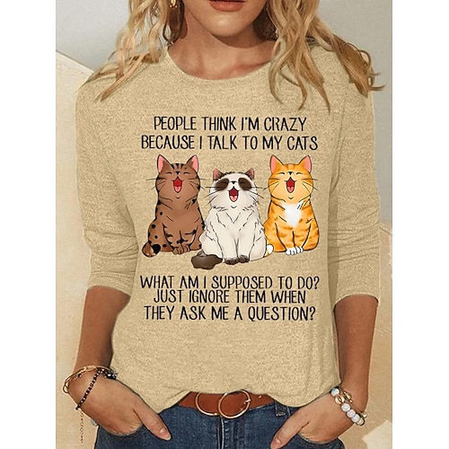 Damen T Shirt Druck Grafik Tiermotiv Katze Mode Lässig Kurzarm Langarm Rundhalsausschnitt Rundhals Normale Oberteile Täglich Wochenende Schwarz Weiß Rosa Grün Khaki Sommer Frühling Herbst Image