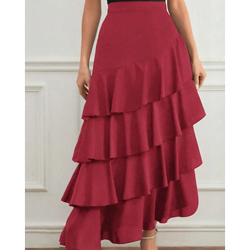 Damen Elegant Mode Maxi Mittlere Hüfthöhe Röcke Einfach Gerafft Unelastisch Täglich Straße Wein Marineblau Schwarz Grün Sommer Polyester Image