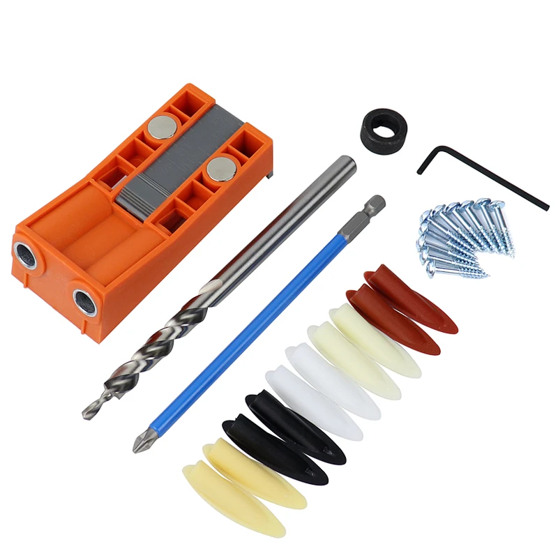 Set di maschere per fori tascabili Guida per trapano ad angolo smussato Puncher per fori per trapano a gradini da 9,5 mm con cursore di posizionamento magnetico Strumenti di carpenteria