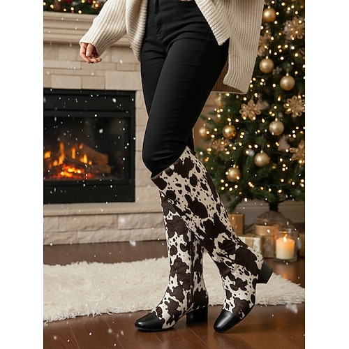 Hohe Damenstiefel mit Kuhfellmuster, klobigen Absätzen, Reißverschluss, stylisches Schuhwerk für lässige und trendige Outfits Image