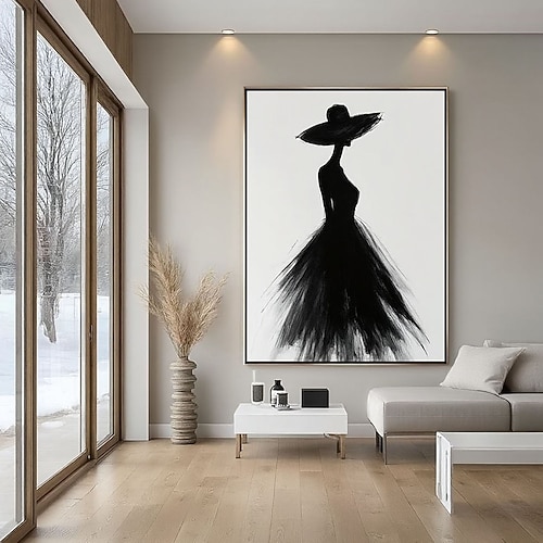 Ölgemälde, 100 % handgemalt, minimalistisch: Frau in schwarzem Kleid und Hut. Elegantes Modebild auf Leinwand, perfekt als stilvolle Wanddekoration für Ihr Zuhause. Ein ideales Geschenk. Image