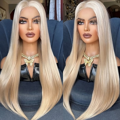 Brasilianische Echthaarperücke aus 100 % unbehandeltem Echthaar, 5x5 Lace Closure, glatt, aschblond, 13x4 Lace Front, mit Babyhaaren, natürlichem Haaransatz, kleberlos, für Damen Image