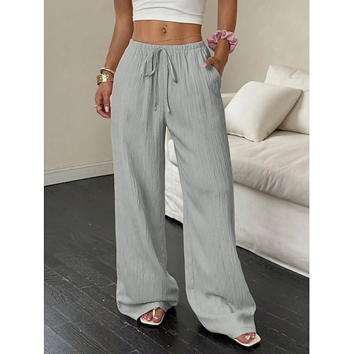 Damen Hose Sommerhose Baggy-Hosen Freizeithose Urlaub Mode Streetwear Volle Länge Hohe Taille Einfach Kordelzug Tasche Gerader Schnitt Komfort Leicht Weich Unelastisch Outdoor Straße Ferien Hellgrau Image