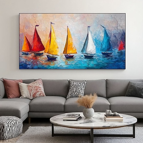 Handgemaltes abstraktes Segelboot-Ölgemälde, farbenfrohe maritime Wandkunst, moderne Wohndekoration, großes Leinwandbild, lebendige Meereslandschaft, zeitgenössische Kunst Image