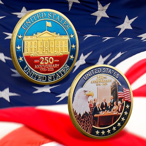Gedenkmünzen zum 250. Jahrestag – goldene amerikanische Flagge Sammlermünzen mit Freiheitsglockenmotiv, langlebige Jubiläumsmünzen aus Metall für Sammler. Geschenkidee, patriotisches Design Image