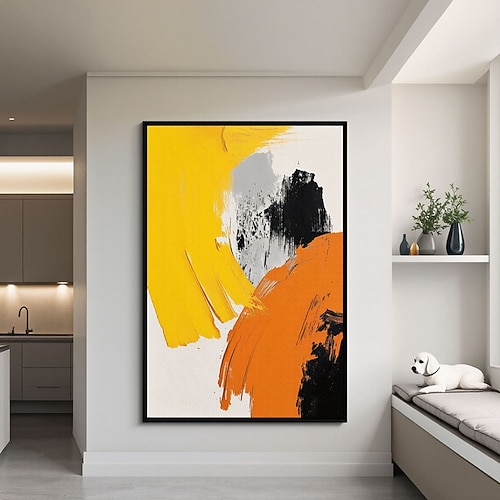 Großes gelbes minimalistisches abstraktes Gemälde mit Textur, schwarz-weiße 3D-Textur, abstrakte Kunst, Acryl-Gemälde, abstrakte Textur, moderne Kunst Image