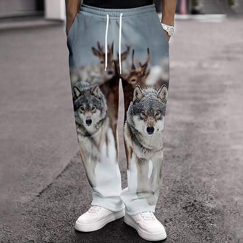 Herren Tiermotiv Wolf Rentier Jogginghose Hose Freizeithose Mittlere Taille Vintage-Retro Outdoor Jagd Trainieren Elastischer Kordelzug in der Taille Gerade geschnittene Hose mit Taschen Frühling Image