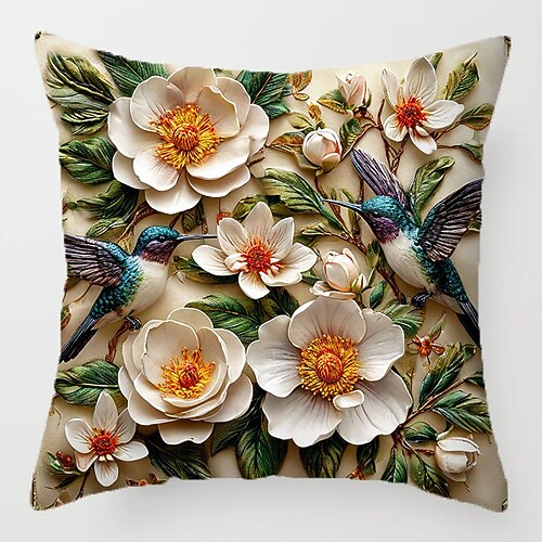 Dekorativer Kissenbezug im floralen Stickerei-Stil mit 2D-Flachdruck, weicher Kurzplüsch mit angedeuteter Stickerei für Sofa, Schlafzimmer, Wohnzimmer und mehr. Image