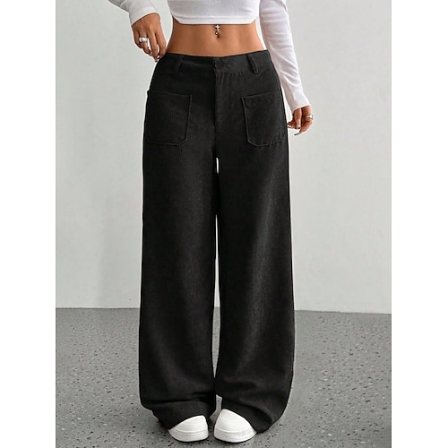 Damen Hose Cordhose Baggy-Hosen Freizeithose Urlaub Mode Streetwear Volle Länge Hohe Taille Einfach Tasche Gerader Schnitt Weich Bequem Atmungsaktiv Mikroelastisch Outdoor Straße Ferien Schwarz Braun Image
