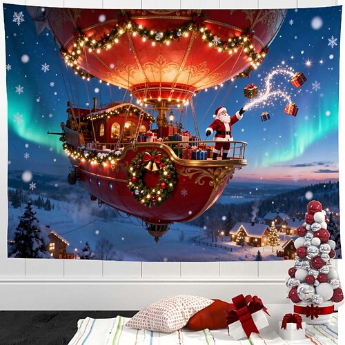 Weihnachts-Wandteppich mit Luftschiff und Kreuzfahrtschiff – festlicher Wandbehang für die Feiertage, dekorativer Wandteppich mit Weihnachtsmann und Schneelandschaft für Schlafzimmer und Wohnzimmer Image