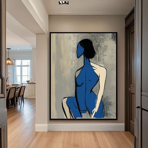 Handgemaltes abstraktes Figurenbild, handgefertigte abstrakte Kunst einer Frau, blaue Mädchenbilder, Wandkunst, großformatige strukturierte Kunst, handgefertigtes Originalporträt, beige abstrakte Image