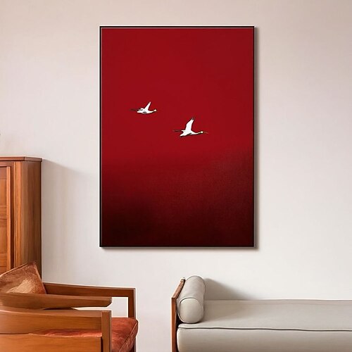 Handgemaltes, surreales Gemälde mit purpurrotem Himmel, handgemaltes Wandbild-Poster, minimalistisches Wandbild, Leinwandbild, purpurrotes Wandbild, Gemälde im roten Stil, fliegende weiße Vögel, Image