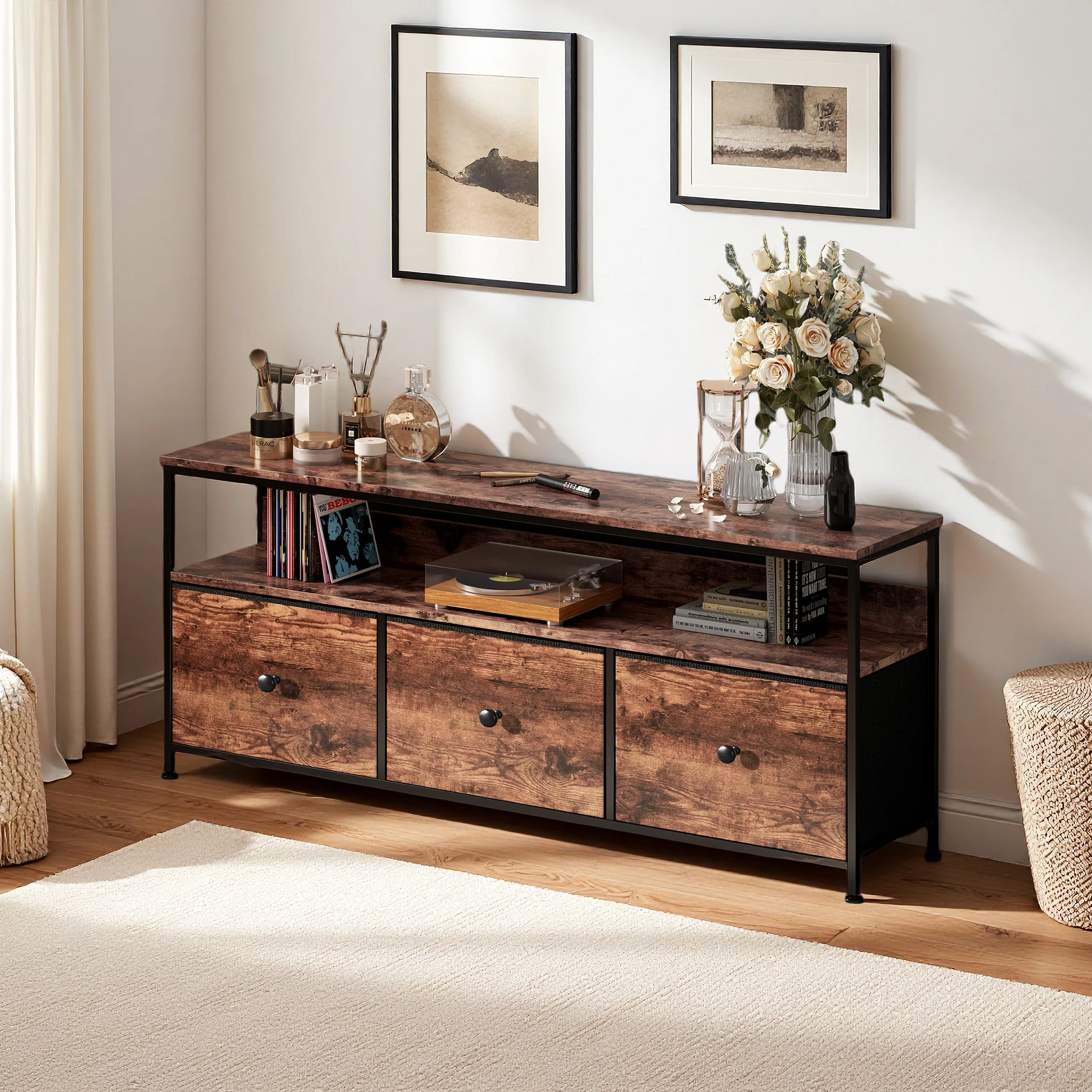 Anajqaqia Meuble TV 137 cm, table TV avec éclairage LED et 3 tiroirs, meuble TV, espace de rangement, meuble bas