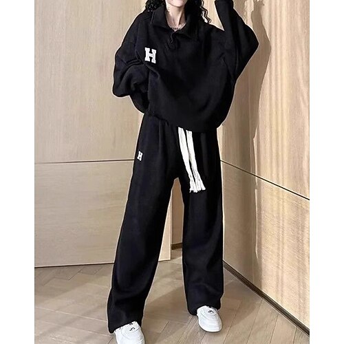 Damen Pullover-Trainingsanzug-Sets 2-teiliger Trainingsanzug Lounge-Outfits Kordelzug Einfarbig Kombination Herbst Schwarz Blau Wandern Berufung Laufen Langarm Sport Sportkleidung Mikroelastisch Image