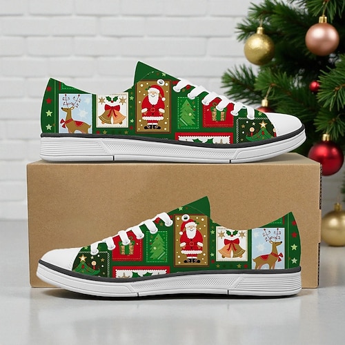 Damen-Sneaker aus Canvas mit Weihnachtsmann-Print – niedliche, lässige Schnürschuhe für die Feiertage mit bequemer Gummisohle, ideal für Winterausflüge, Weihnachtsfeiern, als Geschenk und für den Alltag. Image