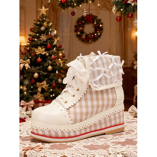 Rote, karierte Schnür-Plateau-Stiefel für Damen – bezaubernder Retro-Stil mit Spitzendetails und Karomuster für Weihnachten, Lolita-Mode und Winterfeste Image