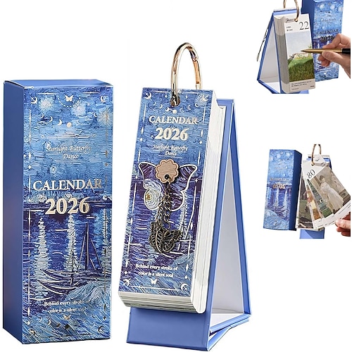 Vintage-Tischplaner 2026 – 365-Tage-Kalender mit Goldringbindung Motivierende Zitate – Ölgemälde-Vorlagen für jeden Tag (eine Seite) – ideal für Zuhause und Büro Weihnachts- oder Geburtstagsgeschenk Image