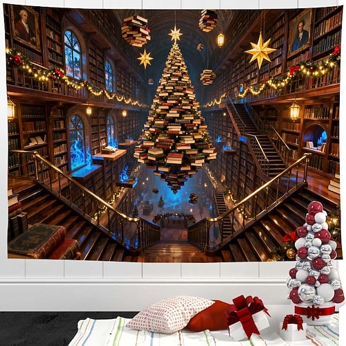 Weihnachtstreppen-Wandteppich – festlicher Wandbehang mit Lichterketten- und Girlandenmuster, winterliche Wohnzimmerdekoration Image