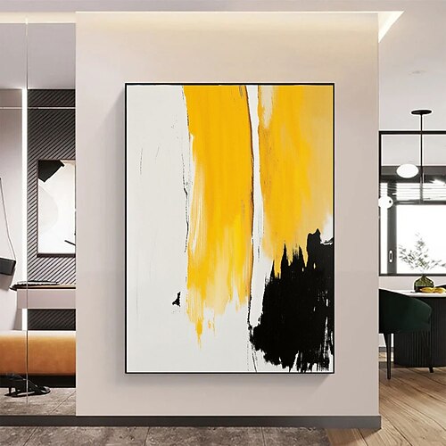 Großes, handgemaltes abstraktes Leinwandbild in Gelb, Weiß und Schwarz, handgefertigtes Acryl-Ölgemälde für moderne Wohnzimmerdekoration, zeitgenössisches Wandbild, Wandkunstbild Image